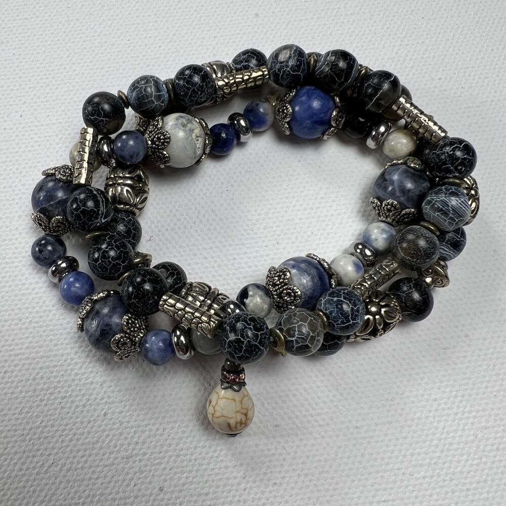 Handmade Beaded Bracelet Trio Navy Blue Silver Metal Tones